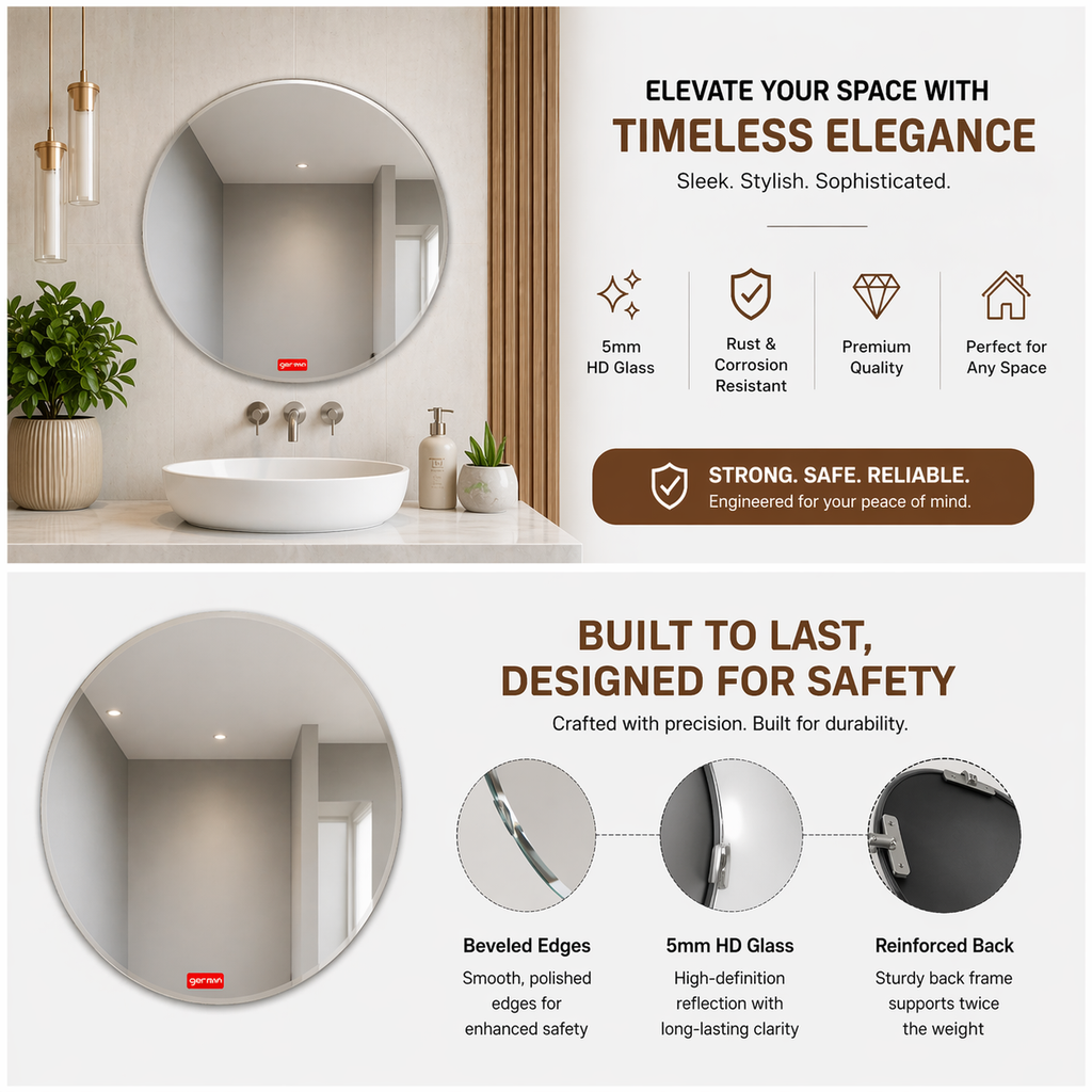 Germa Round Frameless Wall Mirror – 5mm HD Glass with Beveled Edges |  Easy Installation
