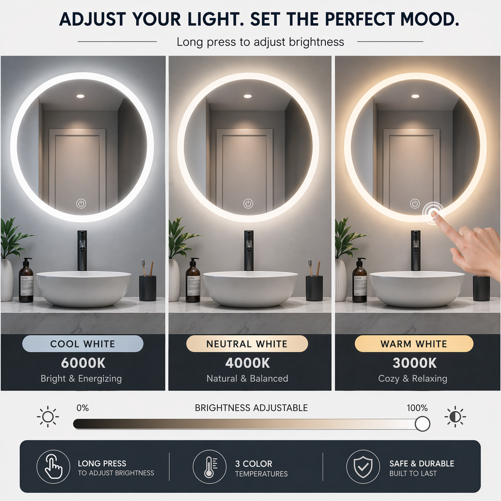 Germa Edge Light Round LED Mirror (60x60cm) – 3 Color Light Modes, Touch Sensor  | Frameless Bathroom & Dressing Mirror (Dimmable)
