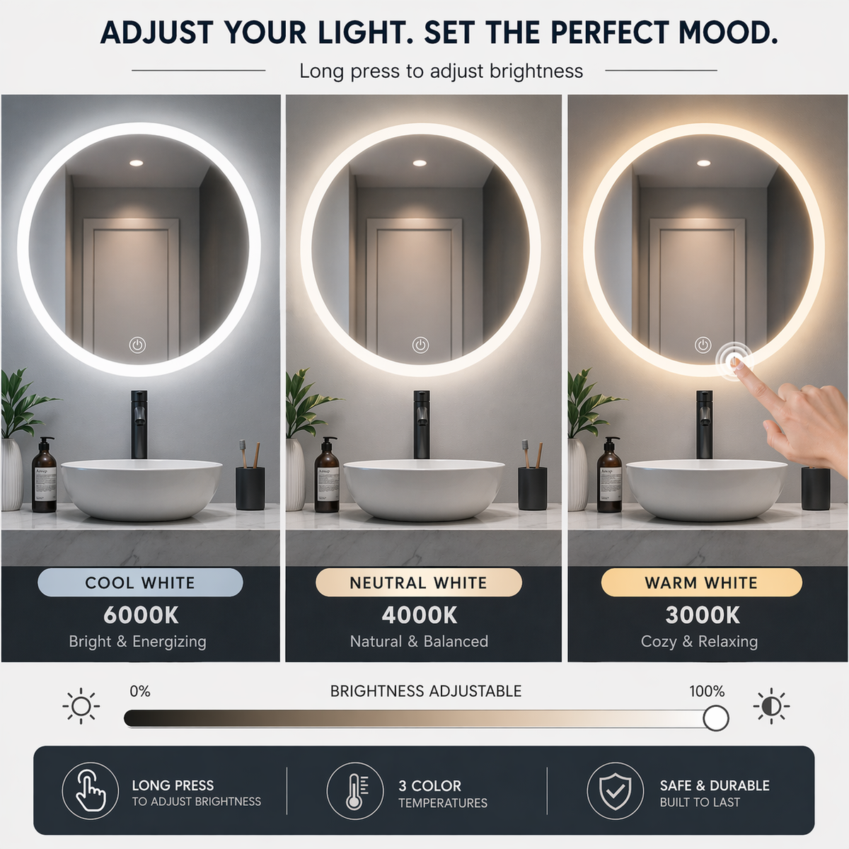 Germa Edge Light Round LED Mirror (60x60cm) – 3 Color Light Modes, Touch Sensor  | Frameless Bathroom & Dressing Mirror (Dimmable)