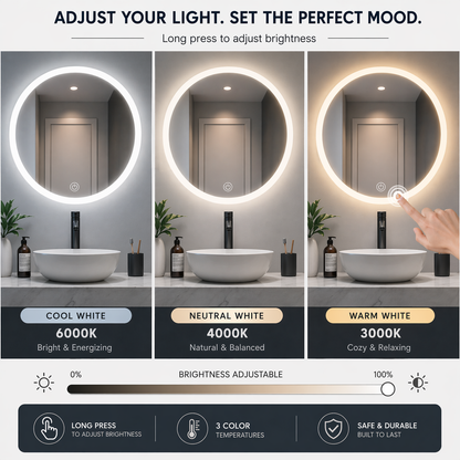 Germa Edge Light Round LED Mirror (60x60cm) – 3 Color Light Modes, Touch Sensor  | Frameless Bathroom & Dressing Mirror (Dimmable)