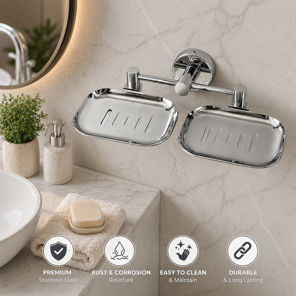 Wellfinish Double Soap Dish Holder | Wall Mounted Stainless Steel Soap Tray | Rust Proof Chrome Finish Bathroom Soap Stand | Soap Holder