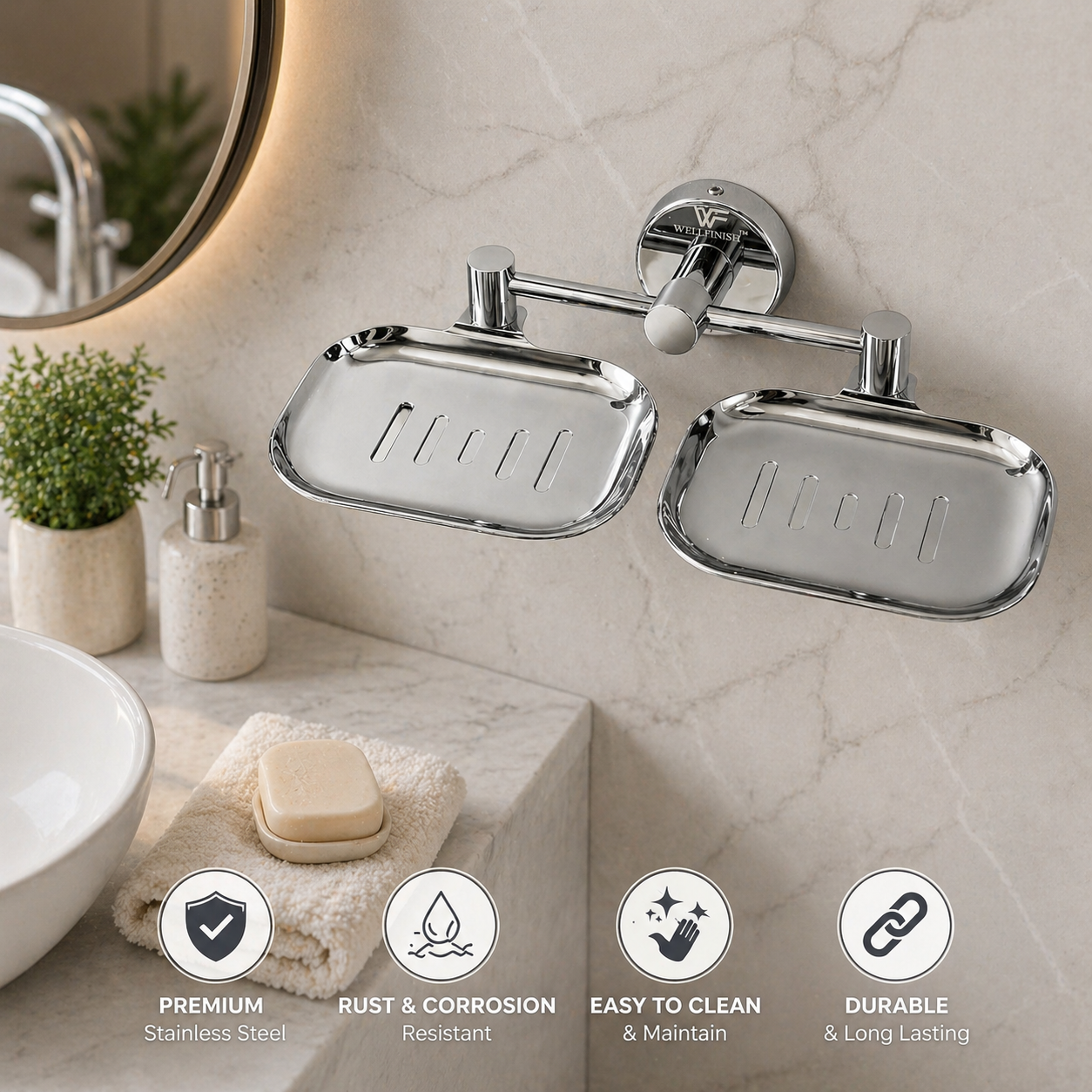 Wellfinish Double Soap Dish Holder | Wall Mounted Stainless Steel Soap Tray | Rust Proof Chrome Finish Bathroom Soap Stand | Soap Holder