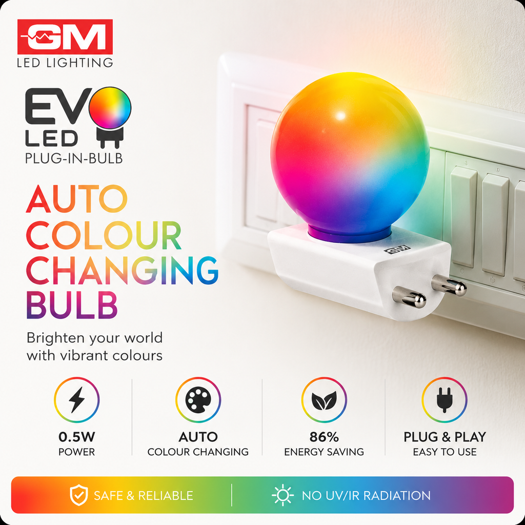 GM EVO Auto Colour Changing LED Plug-in Night Lamp – 0.5W Decorative Multi Colour Bulb