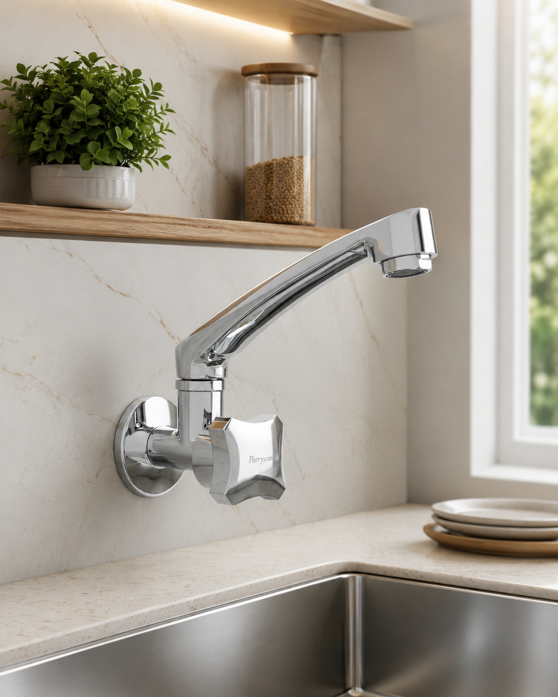 Parryware Jade Wall Mounted Sink Cock with Honeycomb Aerator – Single Lever Kitchen Faucet