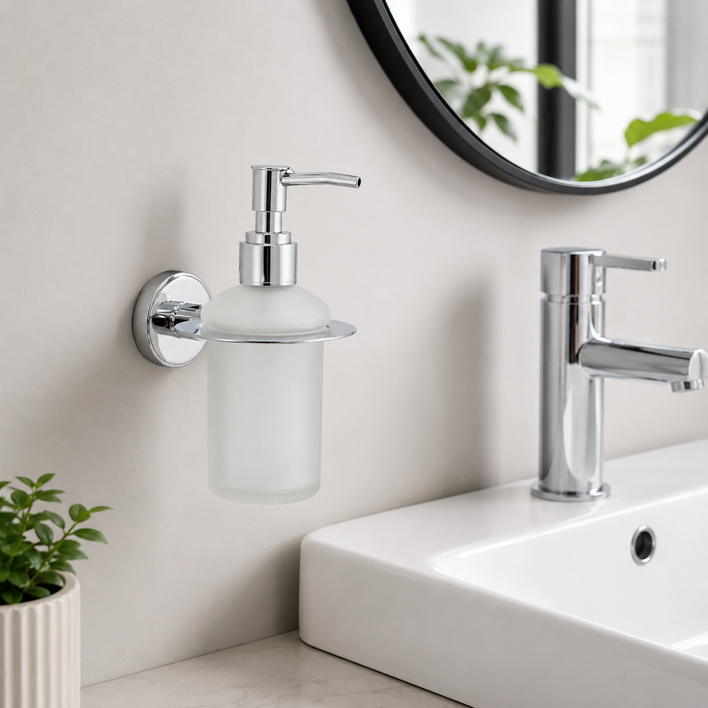 Germa Liquid Soap Dispenser | Premium Frosted Glass & 304 Stainless Steel Wall Mounted Bathroom Dispenser