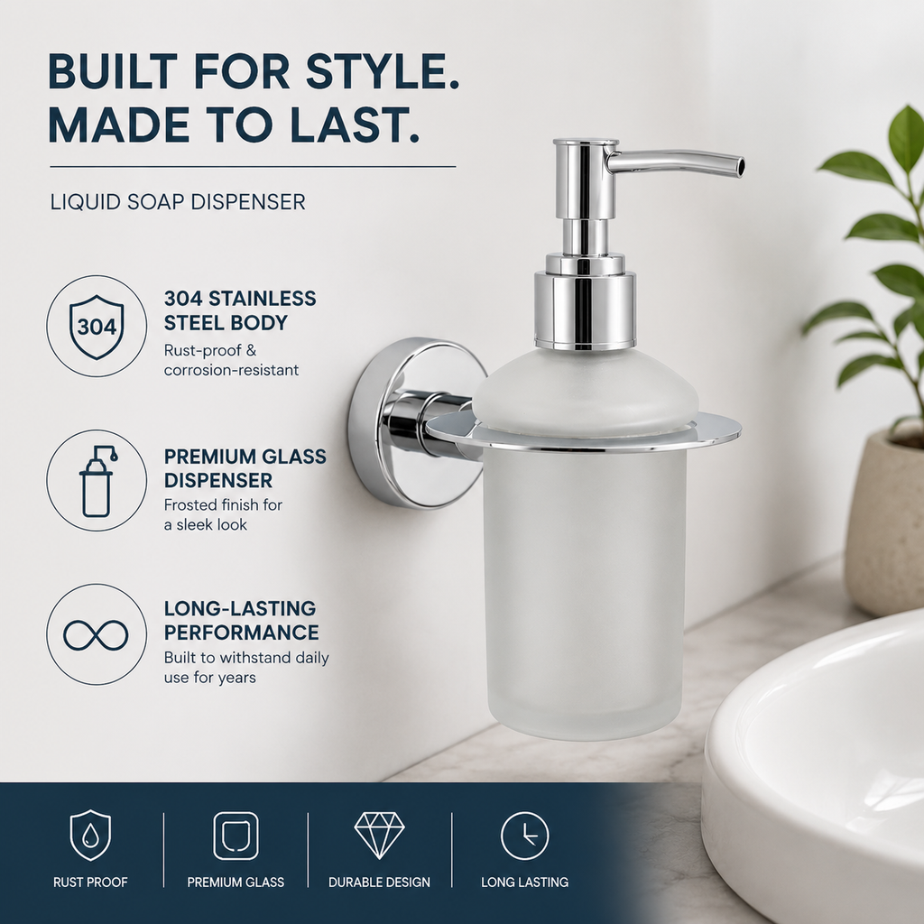 Germa Liquid Soap Dispenser | Premium Frosted Glass & 304 Stainless Steel Wall Mounted Bathroom Dispenser