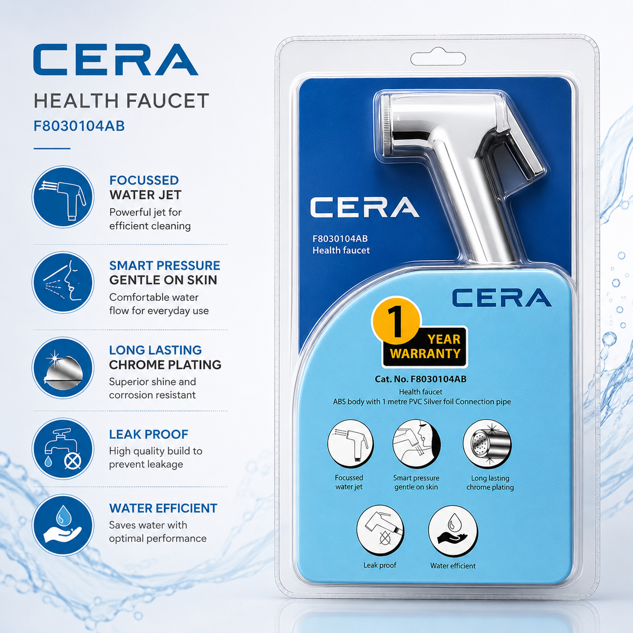 CERA Health Faucet 1 Metre PVC Silver Foil Hose & Wall Hook | Chrome Finish