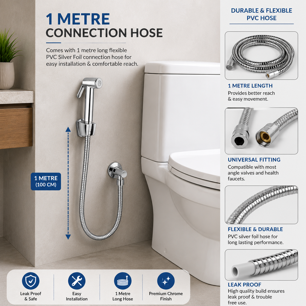 CERA Health Faucet 1 Metre PVC Silver Foil Hose & Wall Hook | Chrome Finish