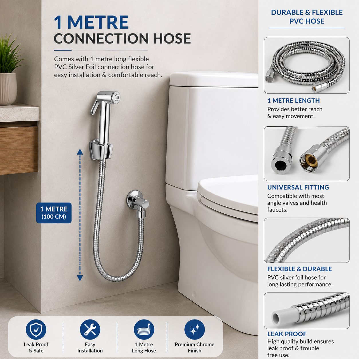 CERA Health Faucet 1 Metre PVC Silver Foil Hose & Wall Hook | Chrome Finish