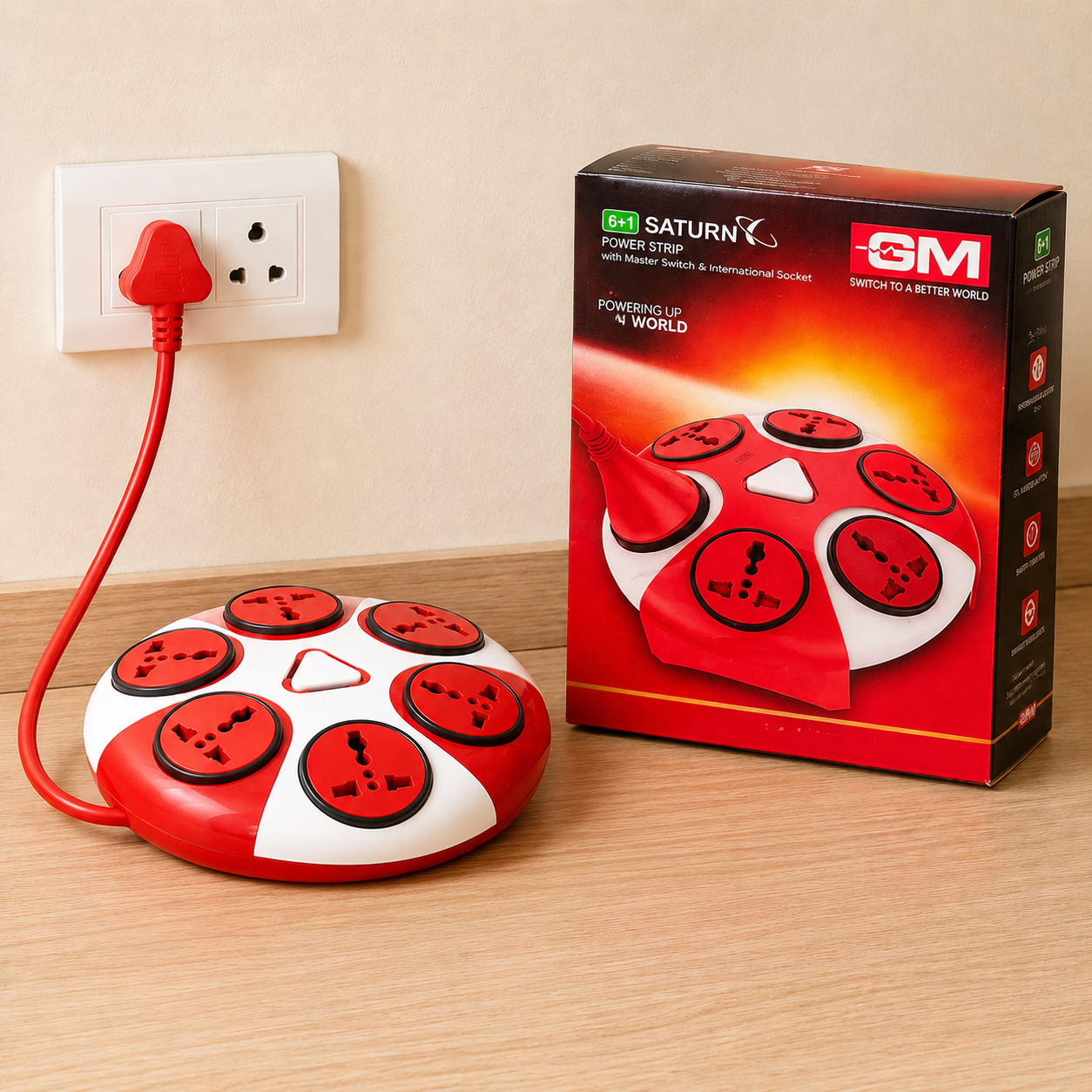 GM Saturn 6+1 Power Strip with Master Switch | 5 International Sockets | 2 Meter Heavy Duty Cord |