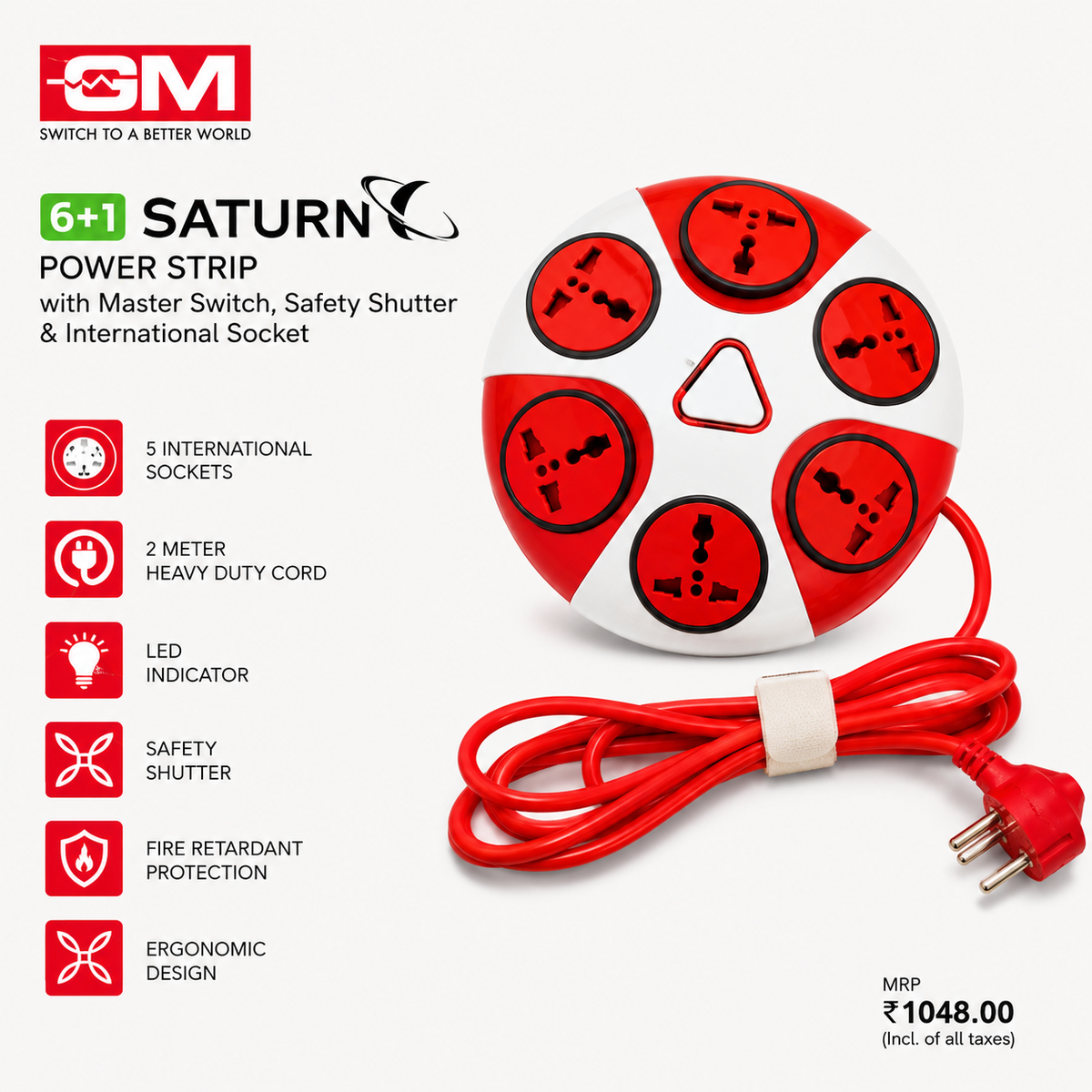 GM Saturn 6+1 Power Strip with Master Switch | 5 International Sockets | 2 Meter Heavy Duty Cord |