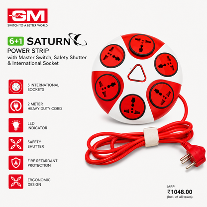 GM Saturn 6+1 Power Strip with Master Switch | 5 International Sockets | 2 Meter Heavy Duty Cord |