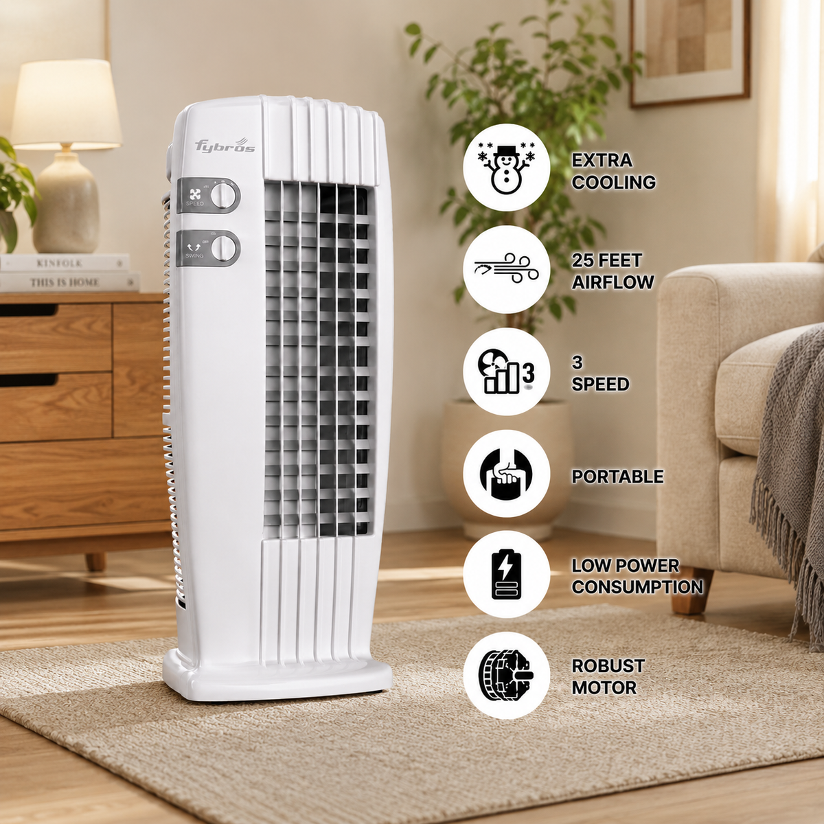 Fybros SILO Tower Fan | 150W High-Speed Portable Tower Fan | 3 Speed Control | 25 Feet Air Throw | Oscillation Function | White Grey