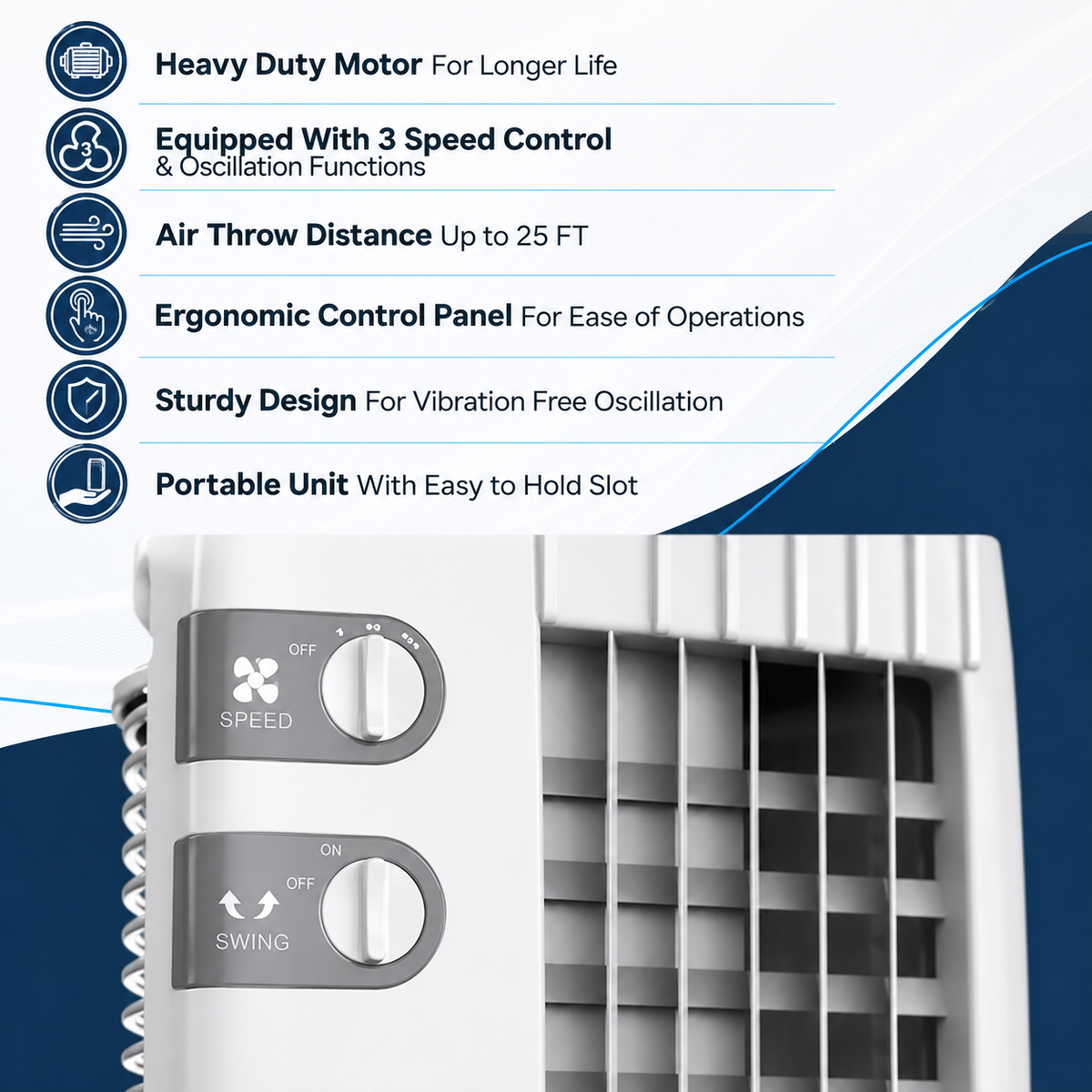 Fybros SILO Tower Fan | 150W High-Speed Portable Tower Fan | 3 Speed Control | 25 Feet Air Throw | Oscillation Function | White Grey