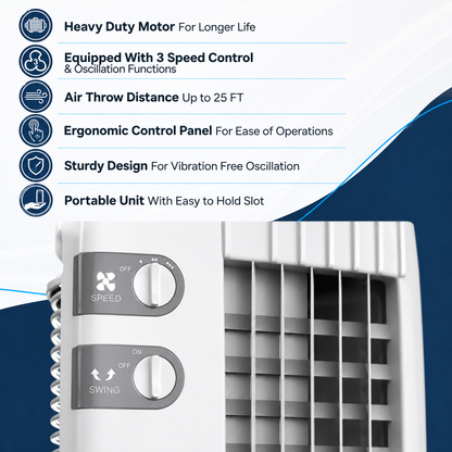 Fybros SILO Tower Fan | 150W High-Speed Portable Tower Fan | 3 Speed Control | 25 Feet Air Throw | Oscillation Function | White Grey