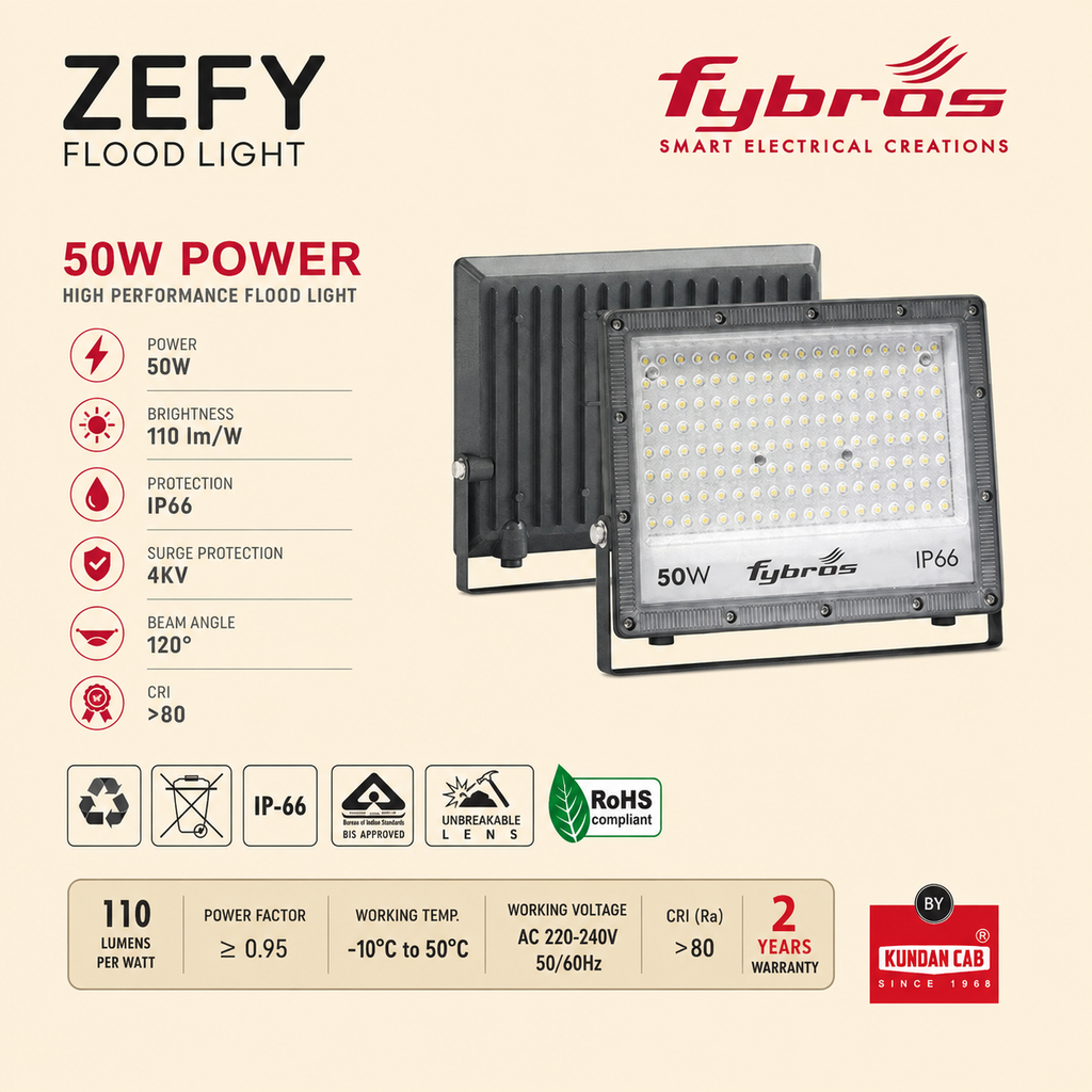 Fybros ZEFY 50W LED Flood Light | IP66 Waterproof Outdoor Floodlight | Cool White 6500K