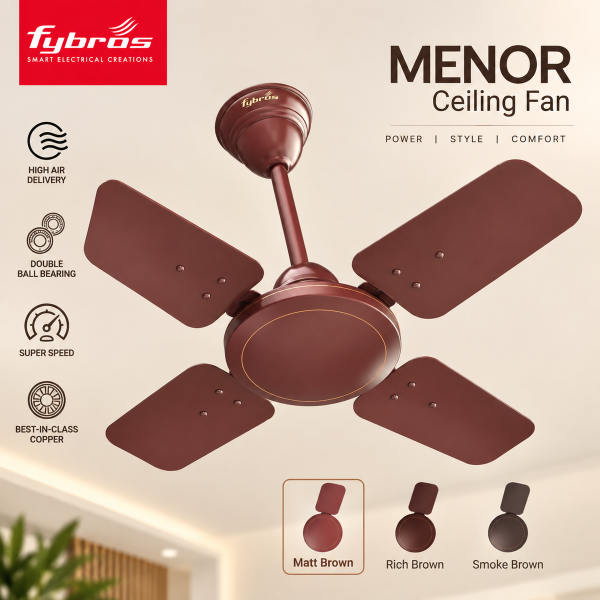 Fybros Menor 600mm High Speed Ceiling Fan – 850 RPM | 52W | 105 CMM | 2 Year Warranty