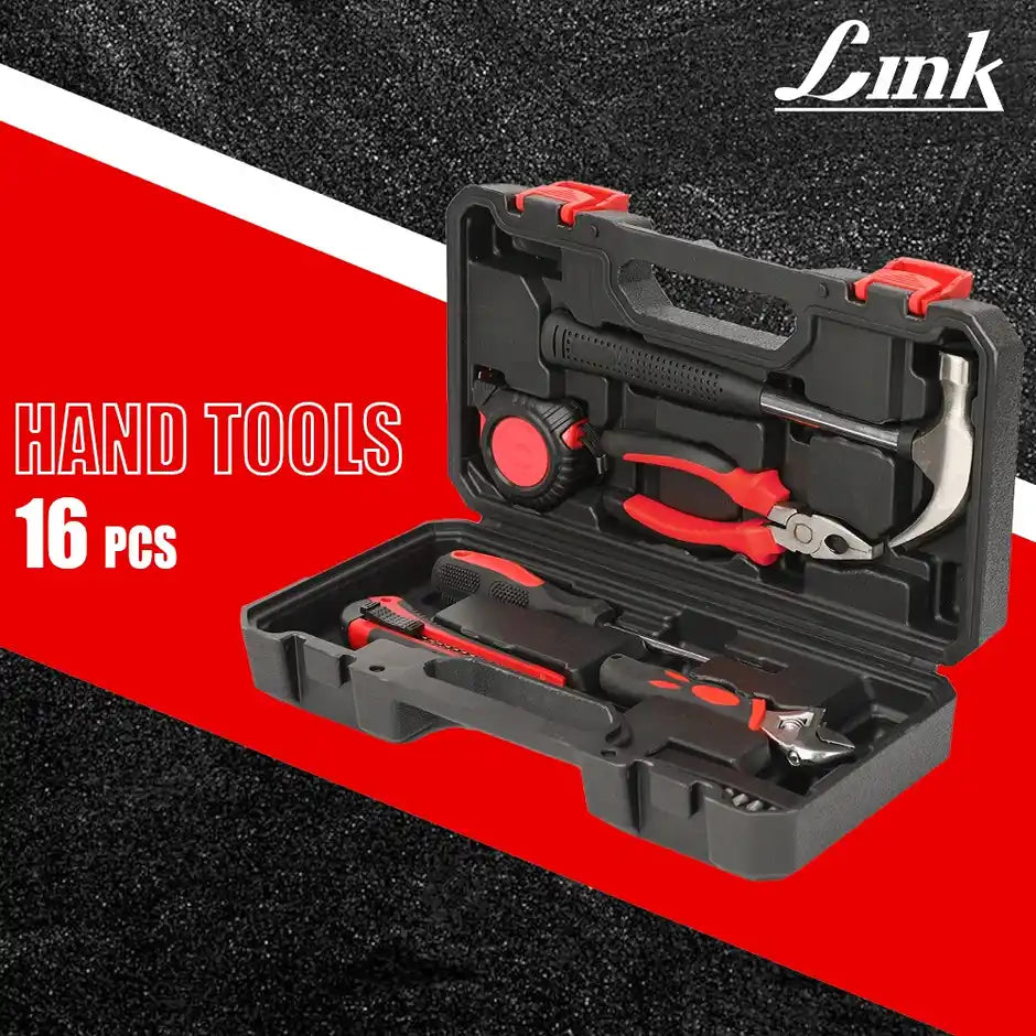 LINK Prabal 16-Piece DIY Hand Tool Kit – Complete Home Repair & Maintenance Tool Set with Plier, Adjustable Wrench, Hammer, Screwdriver Bits & Measuring Tape