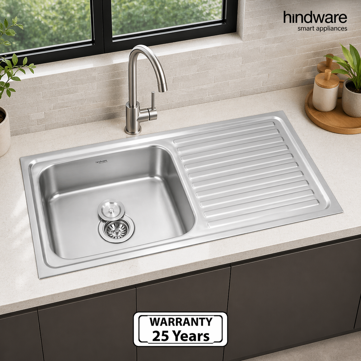 Hindware Kitchen Sink  with Drainboard (40"x20"x8") | SS 304 Grade | Anti-Rust | Heavy Duty | With Waste Coupling