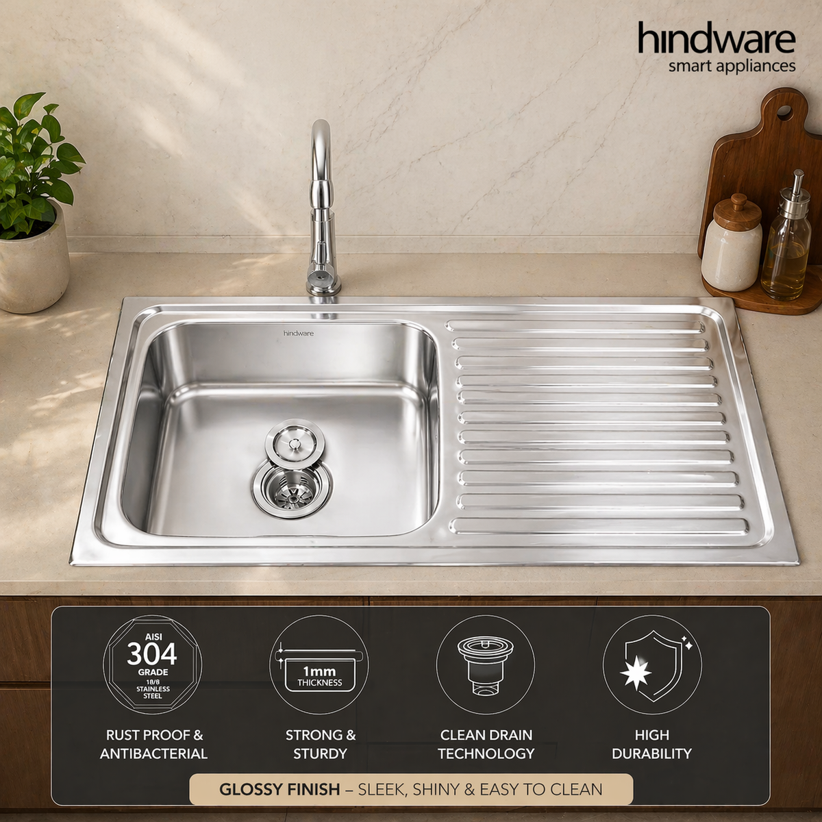 Hindware Kitchen Sink  with Drainboard (40"x20"x8") | SS 304 Grade | Anti-Rust | Heavy Duty | With Waste Coupling