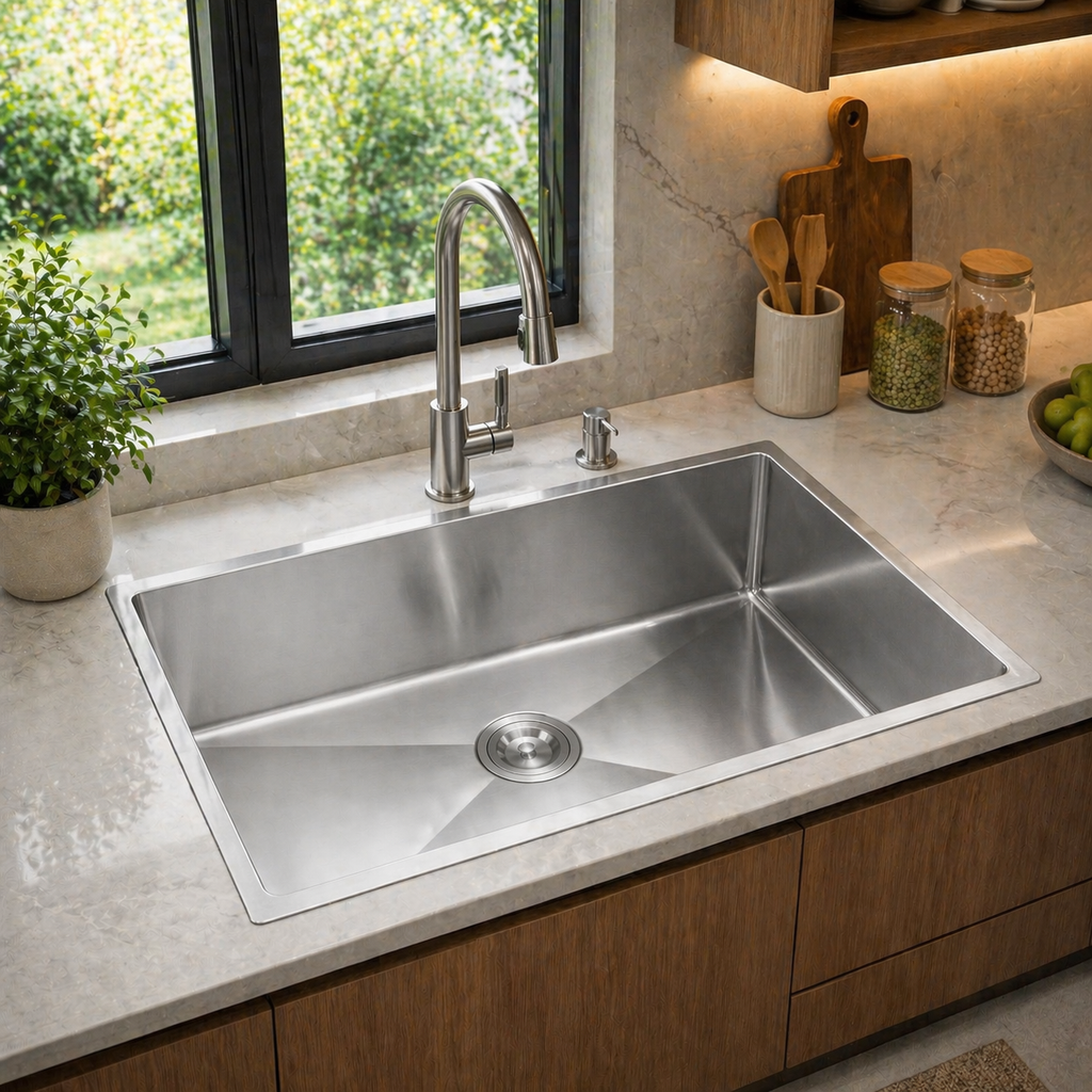 Hindware Domingo Neo Kitchen Sink | 304 Grade | Handmade Single Bowl with Waste Coupling| 25 Years Warranty