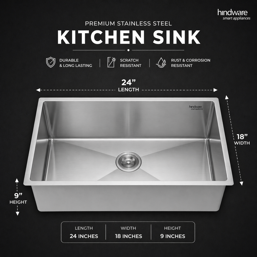 Hindware Domingo Neo Kitchen Sink | 304 Grade | Handmade Single Bowl with Waste Coupling| 25 Years Warranty