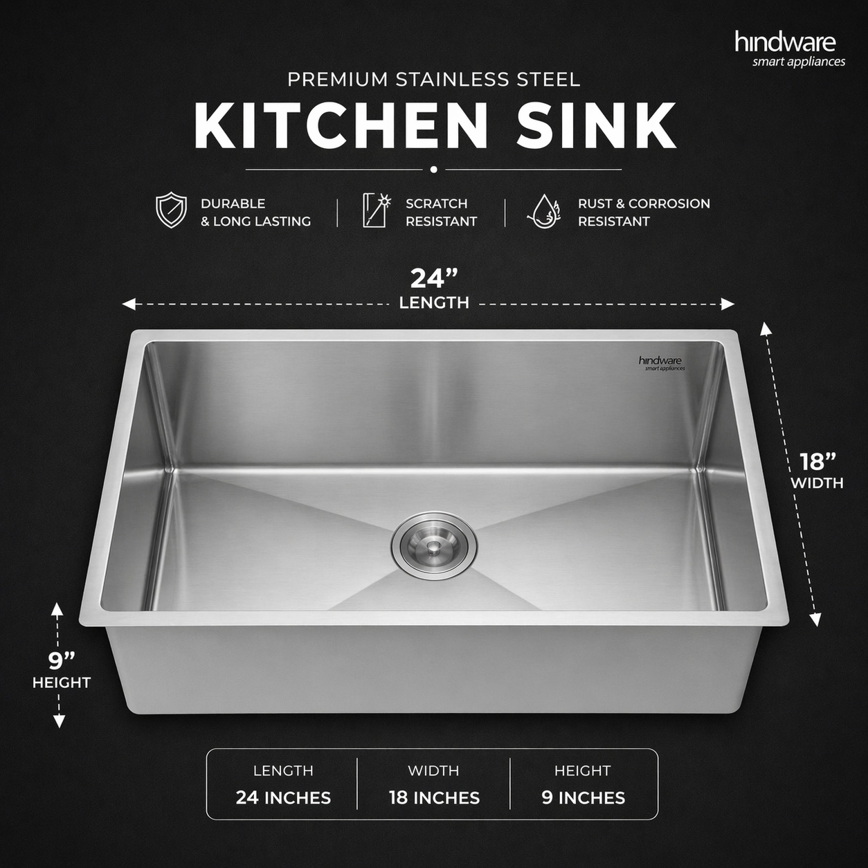 Hindware Domingo Neo Kitchen Sink | 304 Grade | Handmade Single Bowl with Waste Coupling| 25 Years Warranty