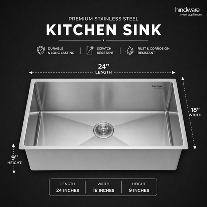 Hindware Domingo Neo Kitchen Sink | 304 Grade | Handmade Single Bowl with Waste Coupling| 25 Years Warranty
