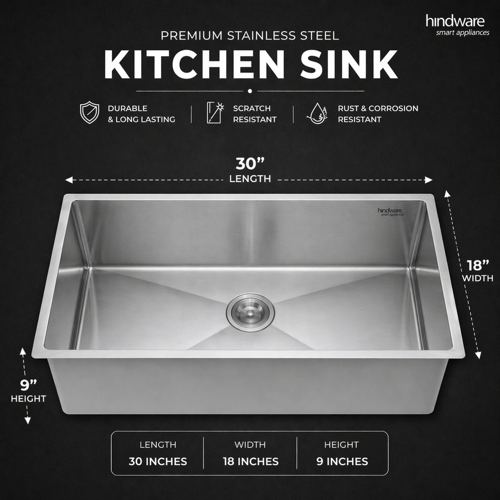 Hindware Domingo Neo Kitchen Sink | 304 Grade | Handmade Single Bowl with Waste Coupling| 25 Years Warranty