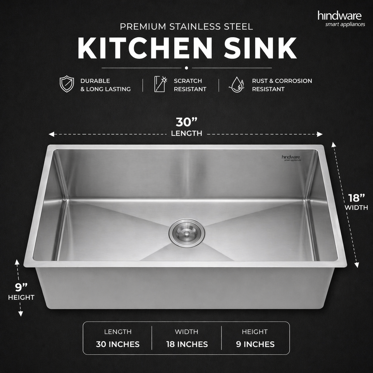Hindware Domingo Neo Kitchen Sink | 304 Grade | Handmade Single Bowl with Waste Coupling| 25 Years Warranty