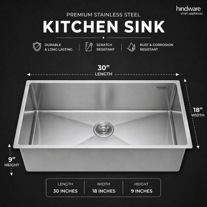 Hindware Domingo Neo Kitchen Sink | 304 Grade | Handmade Single Bowl with Waste Coupling| 25 Years Warranty